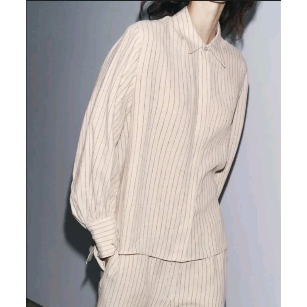Zara ZW Collection Striped Button Up Beige/Burgundy 100% Linen Size XS NWT